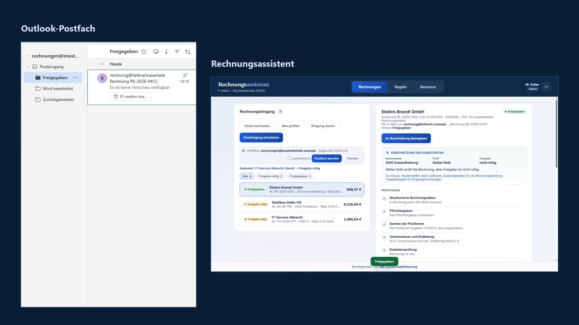 Outlook-Postfach mit den Ordnern des Assistenten neben dem Rechnungseingang